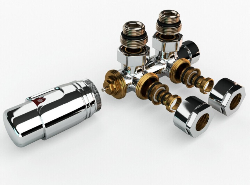 Universele Chrome radiator-aansluitset (midden-onder-haaks) onderblokset