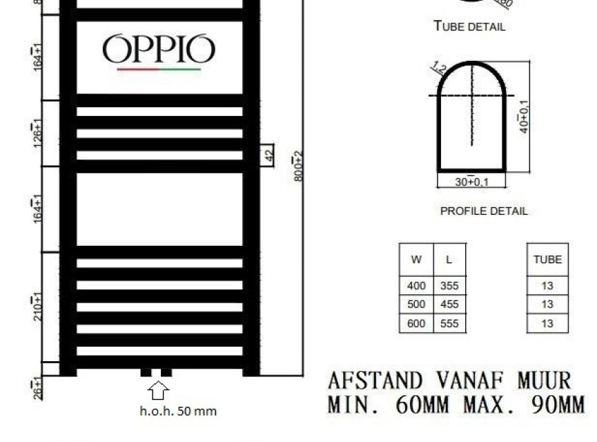 80x50 cm – Oppio ECO Digital WiFi elektrische handdoekradiator – Wit (RAL 9016)