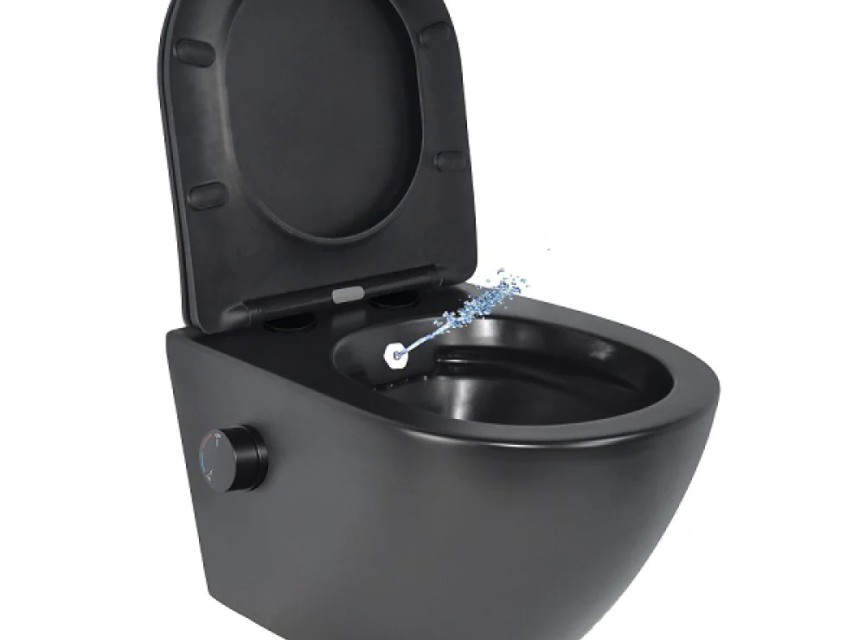 Oppio Aura Randloos Douche-WC Mat Zwart – Inclusief Softclose Bril & Ingebouwde Mengkraan