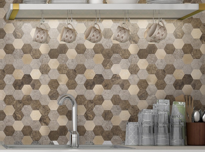 Oppio XL Bruin-Koper MIX HEXAGON - Zelfklevend Mozaiek 288x280x4mm