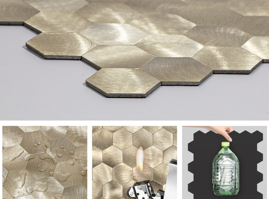 Oppio XL Geborsteld Goud HEXAGON - Zelfklevend Mozaiek 290x288mm