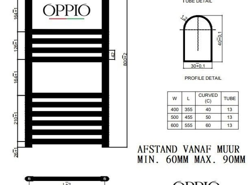 80x40 cm - 378 Watt - Oppio Handdoekradiator - Mat Zwart (Ral 9005)