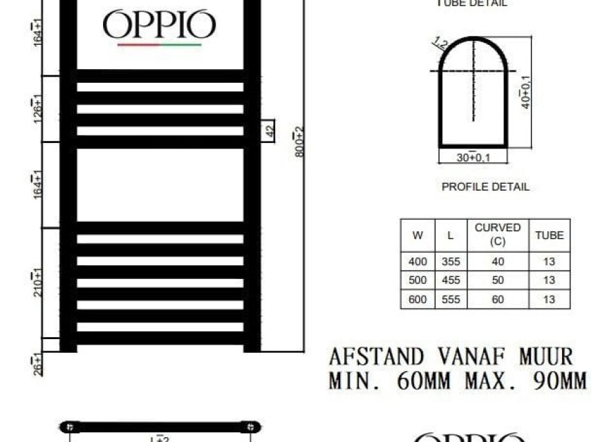 80x50 cm - 464 Watt - Oppio Handdoekradiator - Mat Zwart (Ral 9005)