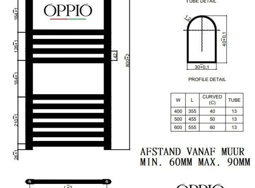 80x40 cm - 432 Watt - Oppio Handdoekradiator - Wit (Ral 9016)