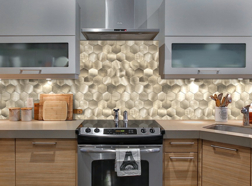 Oppio XL Geborsteld Goud HEXAGON - Zelfklevend Mozaiek 290x288mm