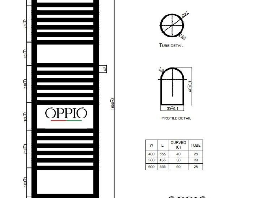 160x50 cm - 906 Watt - Oppio Handdoekradiator - Mat Zwart (Ral 9005)
