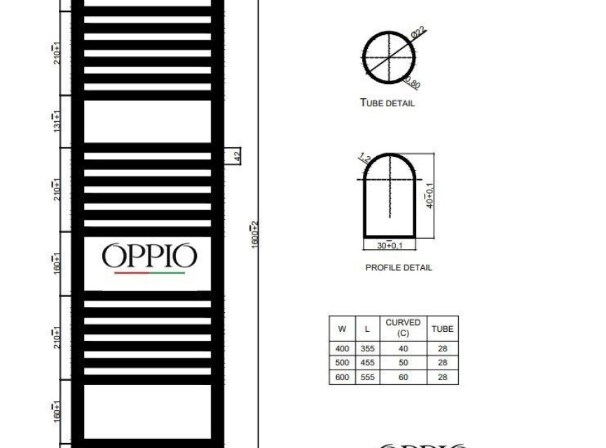 180x60 cm - 1214 Watt - Oppio Handdoekradiator - Mat Zwart (Ral 9005)