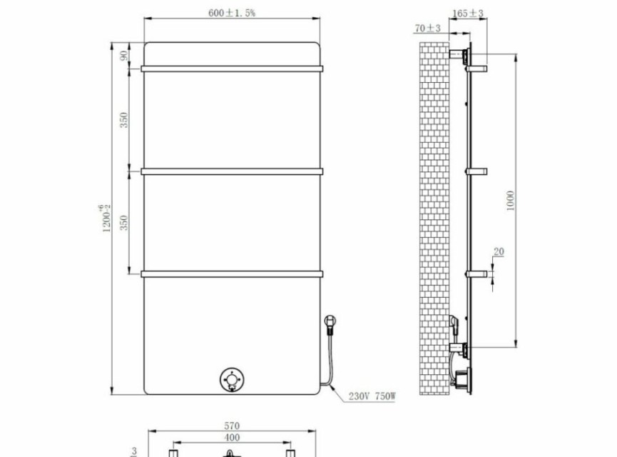 120x60 cm - E-panel elektrische radiator 750 Watt - Mat Zwart