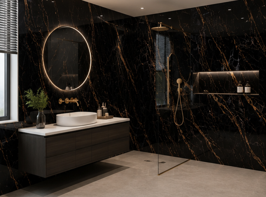 Oppio €67 PER PANEEL - PVC Wandpaneel Ceasar Black / Zwart Goud Hoogglans - 120x280x0,3 cm