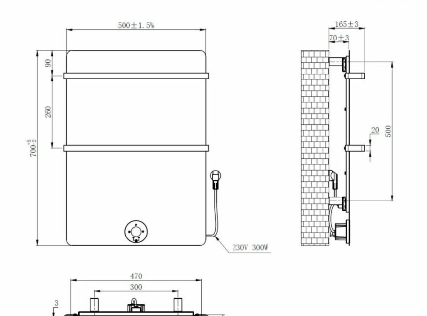 70x50 cm - E-panel elektrische radiator 300 Watt - Mat Zwart
