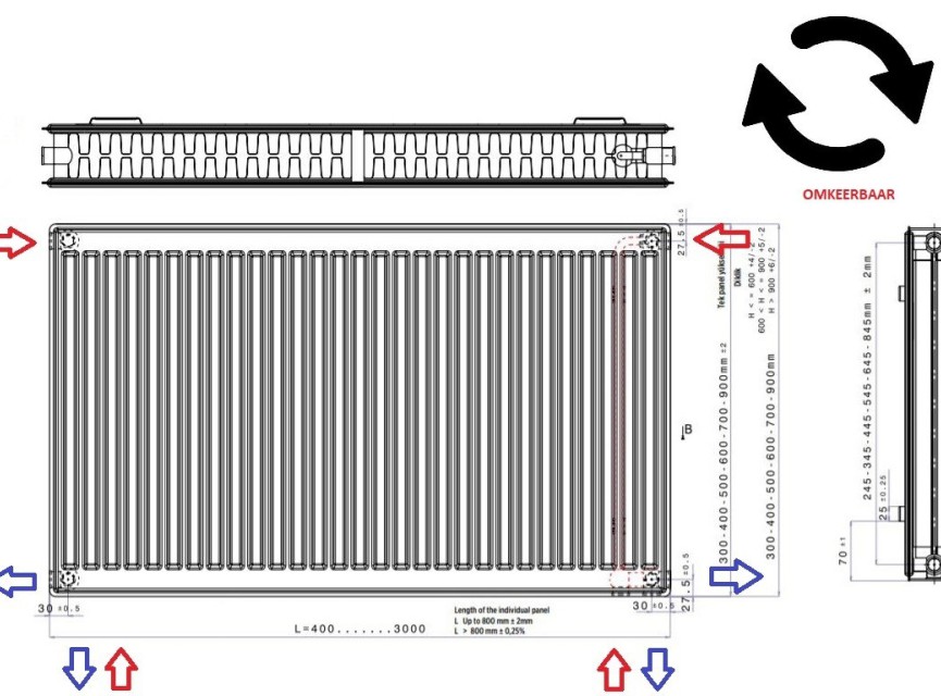 50x100 cm Type 22 - 1866 Watt - Oppio Paneelradiator Compact 6 gegroefde voorzijde - Wit (Ral 9016)