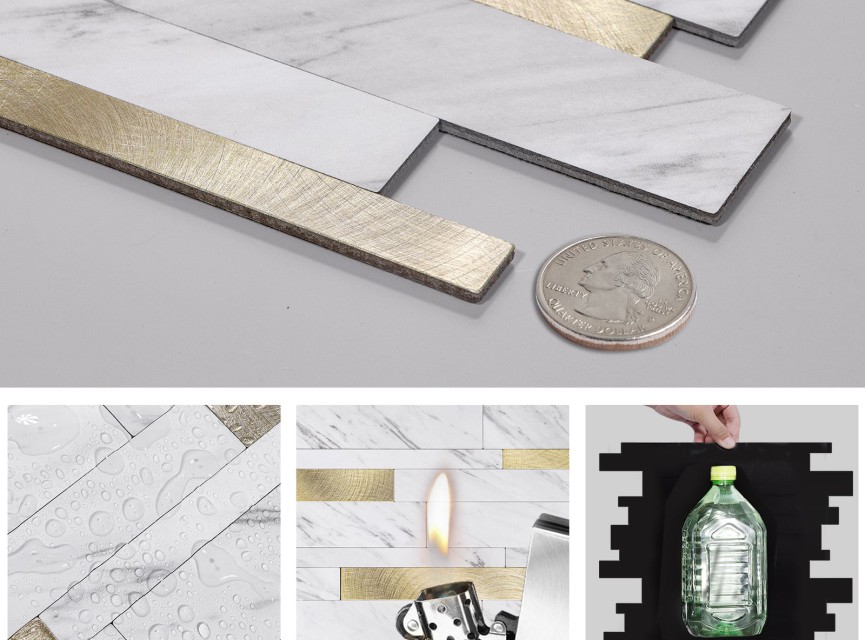 Oppio Wit Marmerlook met GOUDEN ALU Wildverband - Zelfklevend Mozaiek 303x298x4mm