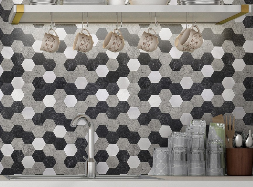 Oppio XL Grijs-Zwart MIX HEXAGON - Zelfklevend Mozaiek 288x280x4mm