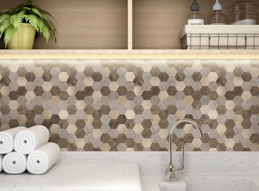 Oppio XL Bruin-Koper MIX HEXAGON - Zelfklevend Mozaiek 288x280x4mm