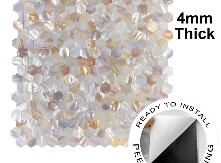 Oppio SHELL Tiles - Mother of PEARL HEXAGON wit - Zelfklevend Mozaiek 305x305x3.3mm