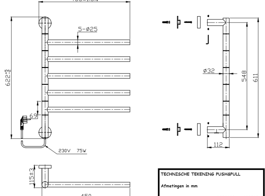 60x45 cm - Push & Pull elektrische handdoekradiator  Wit  (Ral 9016) - Dry Heating
